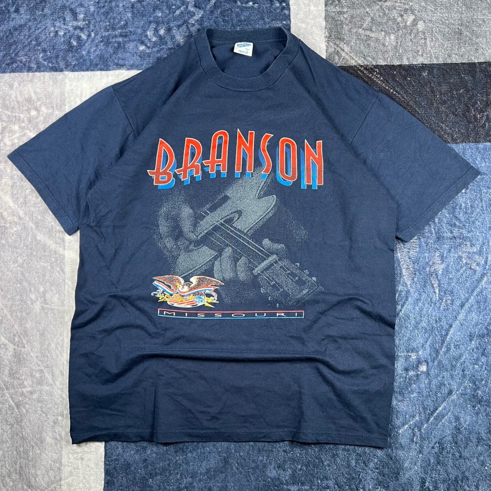Vintage Velva Sheen Branson Missouri Guitar Eagle Graphic T-Shirt Navy Blue L